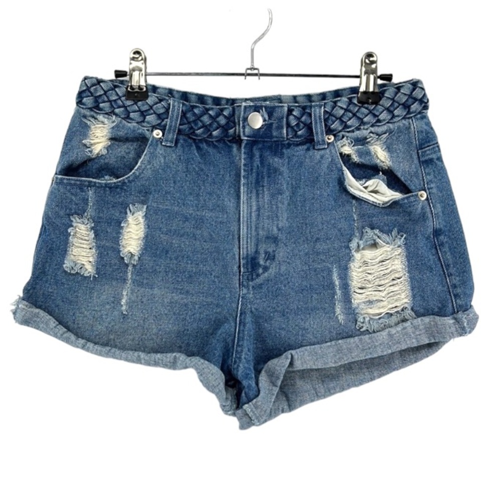 Dainty Hooligan Braided Waist Distressed Cuffed Denim Shorts